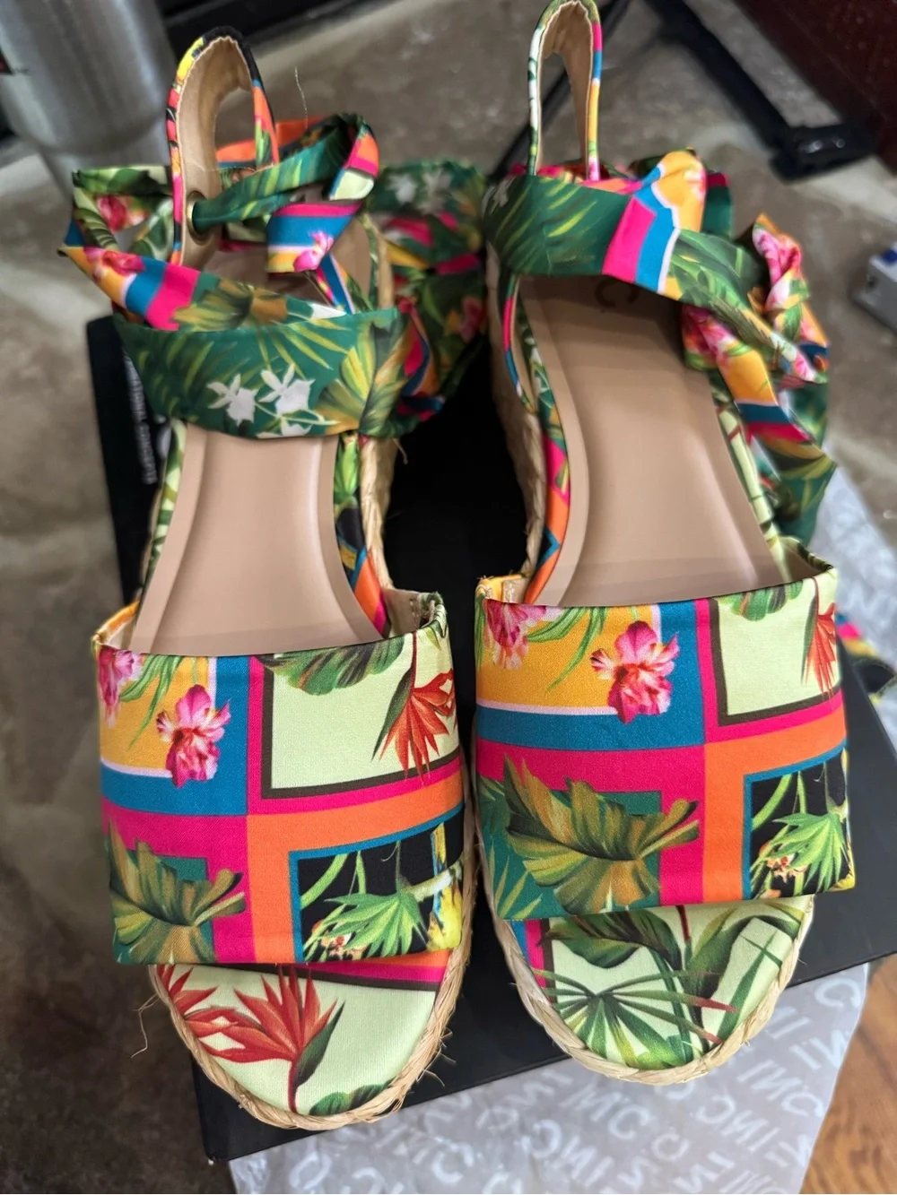 INC Fletcherr Tropical Print Espadrille Platform Sandals - Green pink red Multi